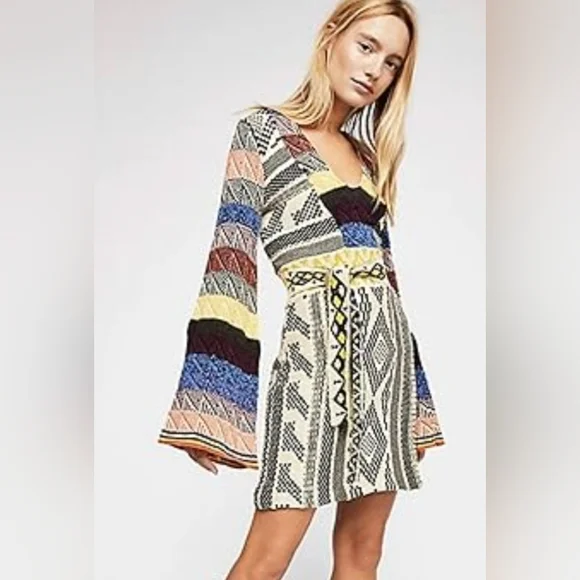 FREE PEOPLE XS Multicolor Patchwork Long Bell Sleeve Sweater Dress - Picture 3 of 10